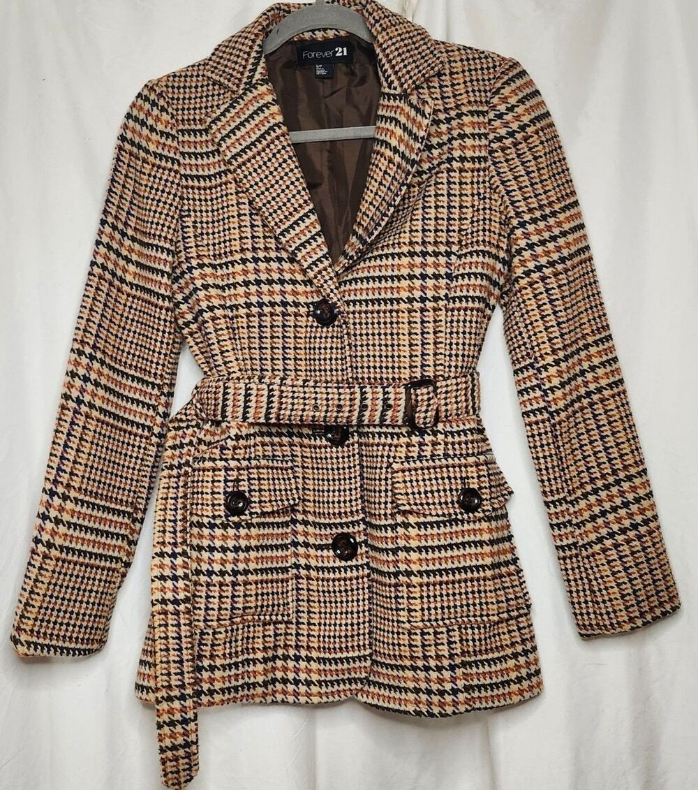 Plaid Wool Pea Coat S Orange Black Belted Winter Jacket Preppy Statement Blazer